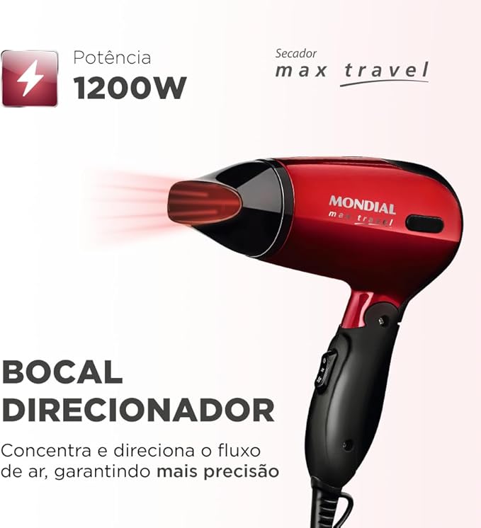 Secador de Cabelos Viagem Mondial Mini Dobrável SC-10 Bivolt